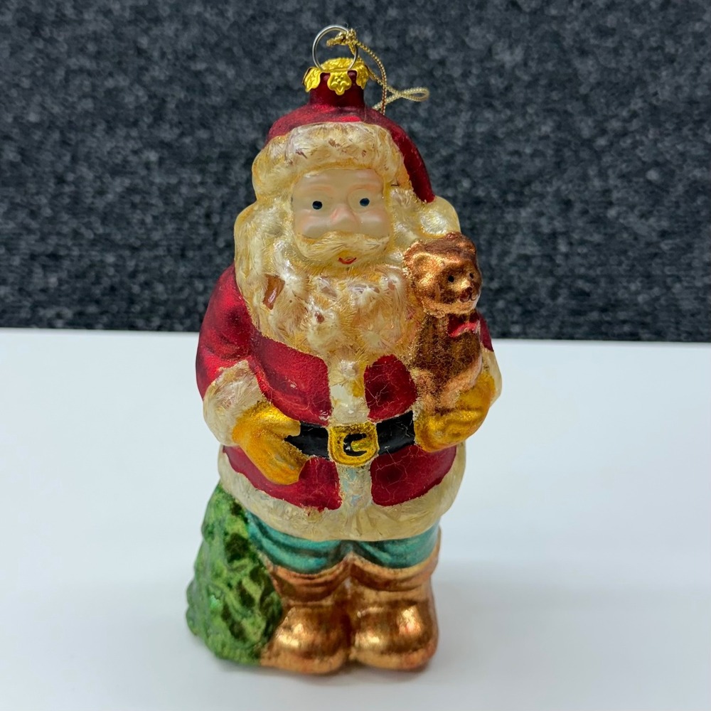 Vintage Blown Glass Santa Claus Ornament with Teddy Bear and Tree 5.25 Inch
